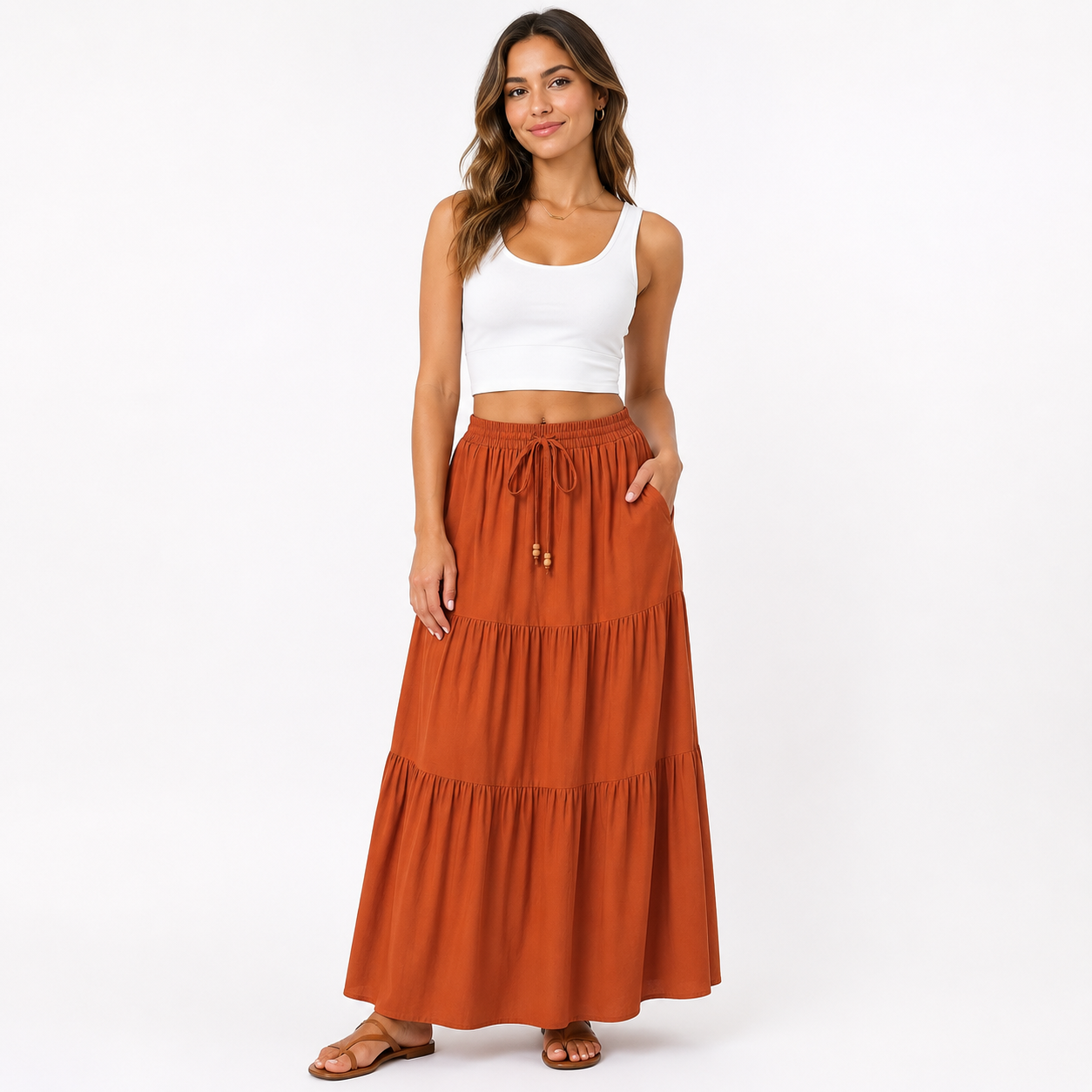 Montarello Women's Tiered Drawstring Casual Summer Maxi Skirt