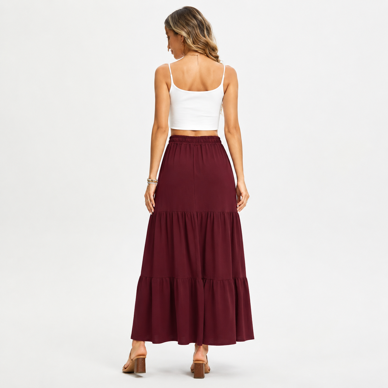 Montarello Women's Tiered Drawstring Casual Summer Maxi Skirt