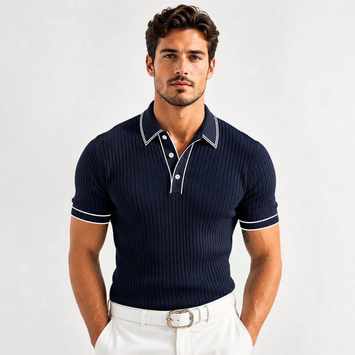 Montarello Men's Ribbed-Knit Polo Shirt with Contrast Trim