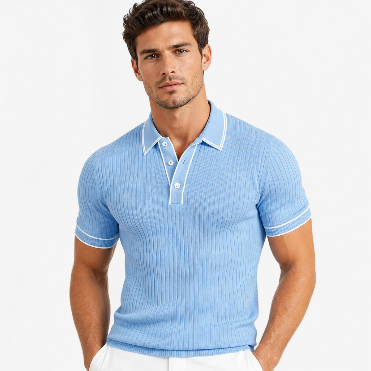 Montarello Men's Ribbed-Knit Polo Shirt with Contrast Trim