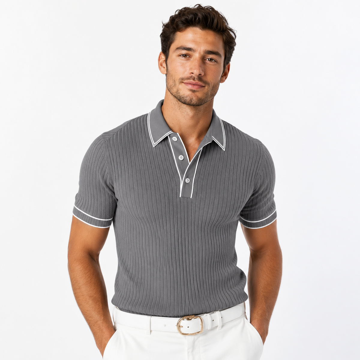 Montarello Men's Ribbed-Knit Polo Shirt with Contrast Trim