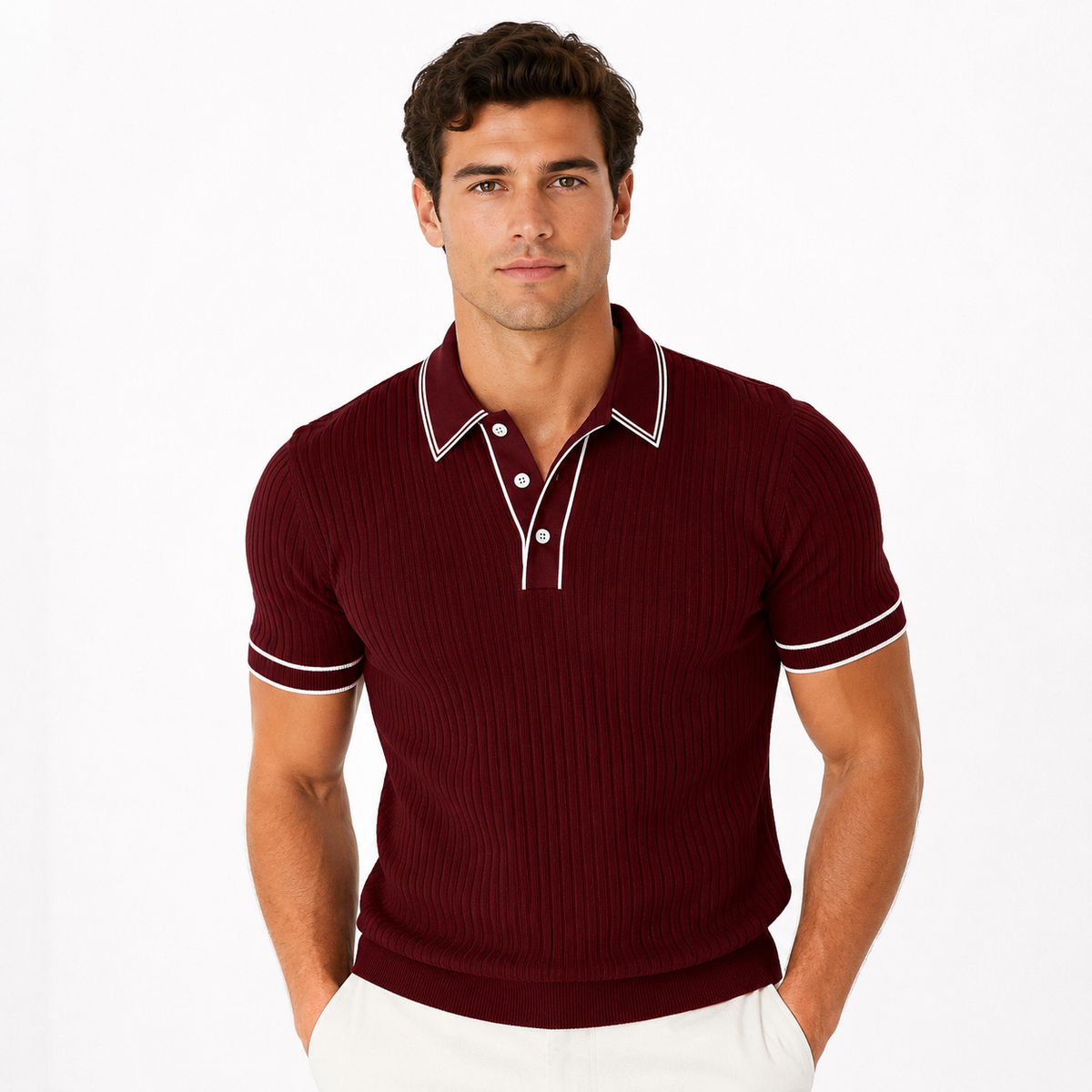Montarello Men's Ribbed-Knit Polo Shirt with Contrast Trim