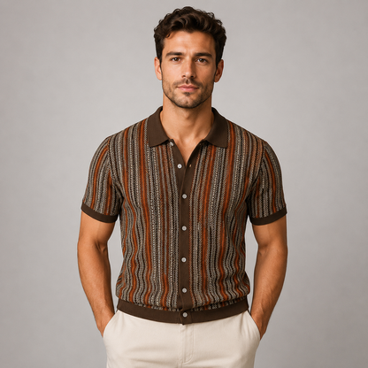 Montarello Men's Striped Knit Short-Sleeve Button-Down Casual Shirt