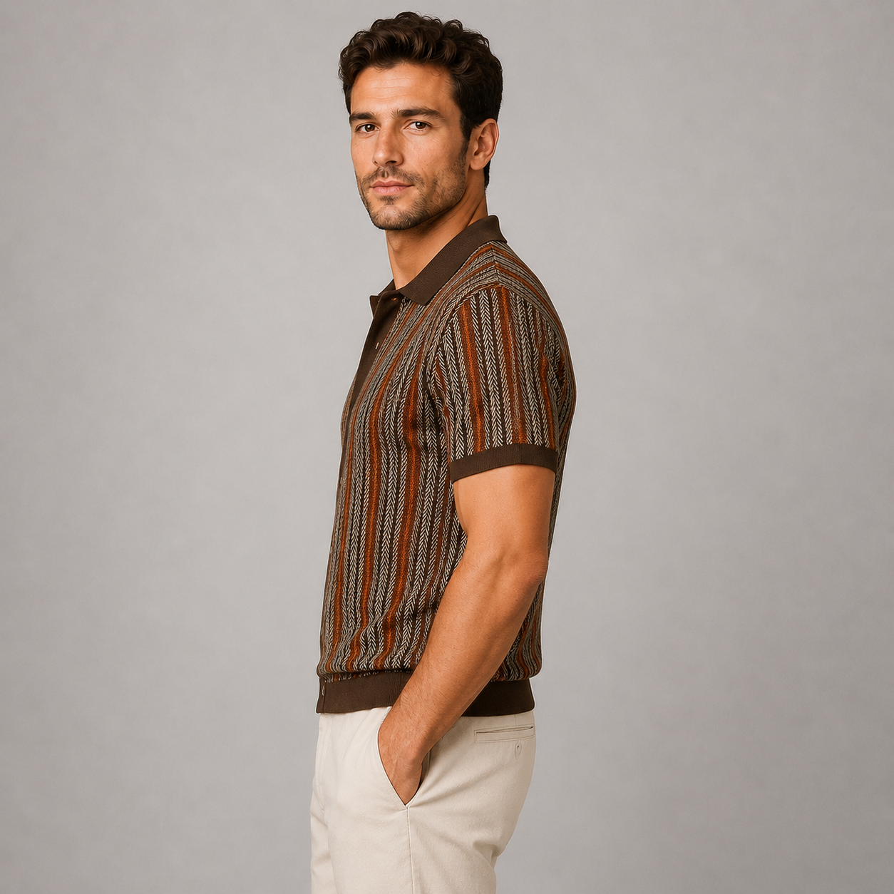 Montarello Men's Striped Knit Short-Sleeve Button-Down Casual Shirt