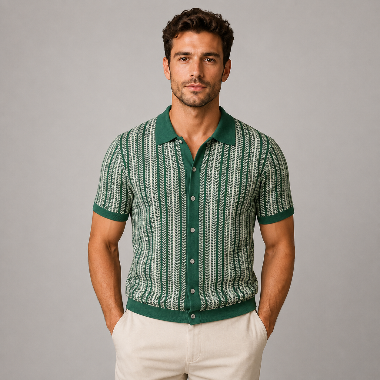 Montarello Men's Striped Knit Short-Sleeve Button-Down Casual Shirt