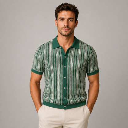 Montarello Men's Striped Knit Short-Sleeve Button-Down Casual Shirt
