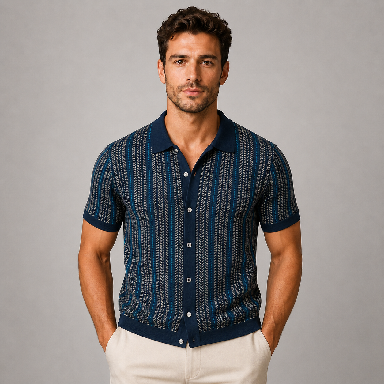 Montarello Men's Striped Knit Short-Sleeve Button-Down Casual Shirt