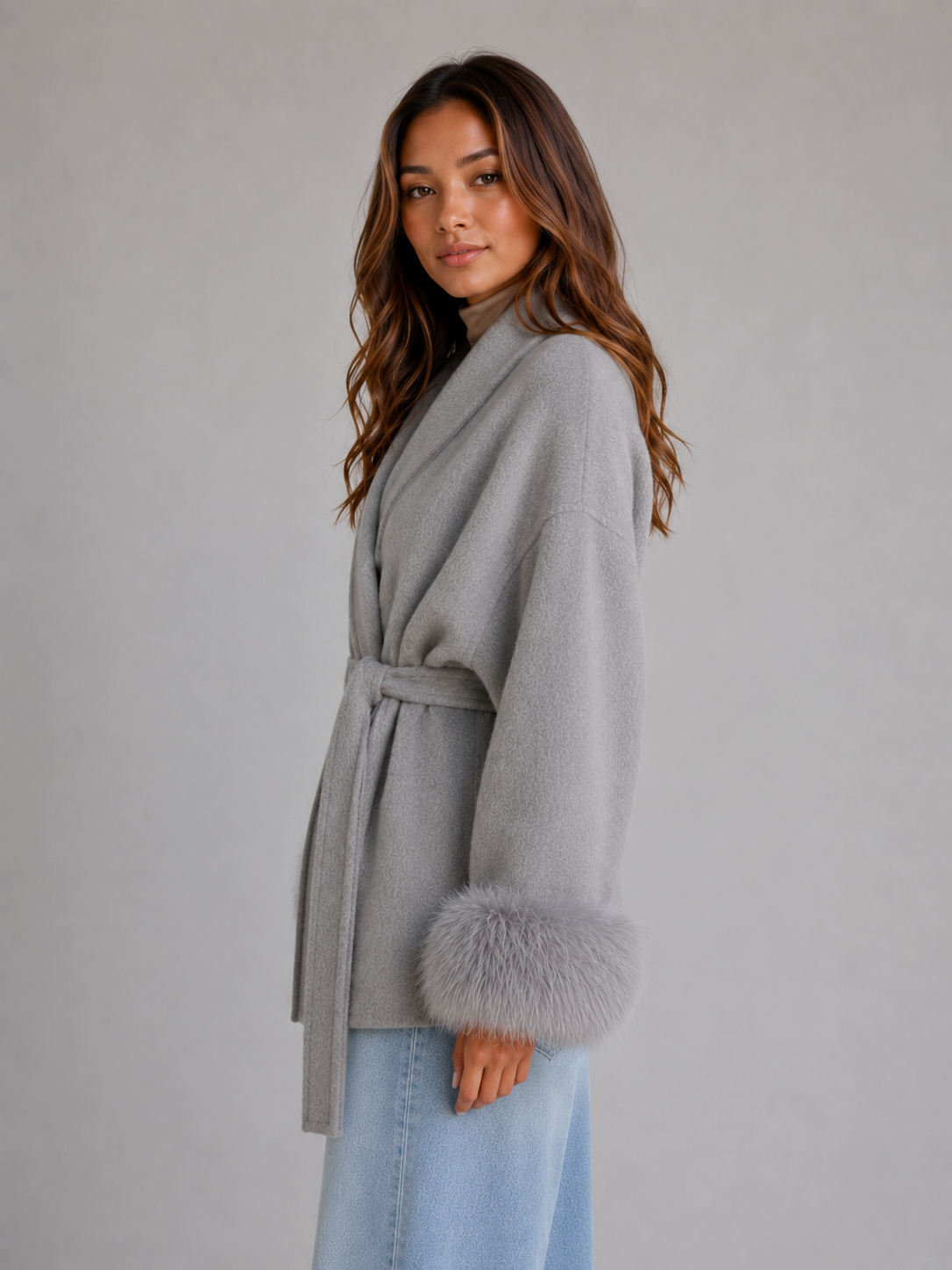 Montarello Women's Belted Wool-Blend Wrap Coat with Faux Fur Trim
