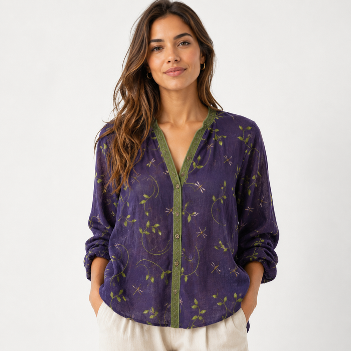 Montarello Women's Floral Print V-Neck Loose Shirt Long Sleeve