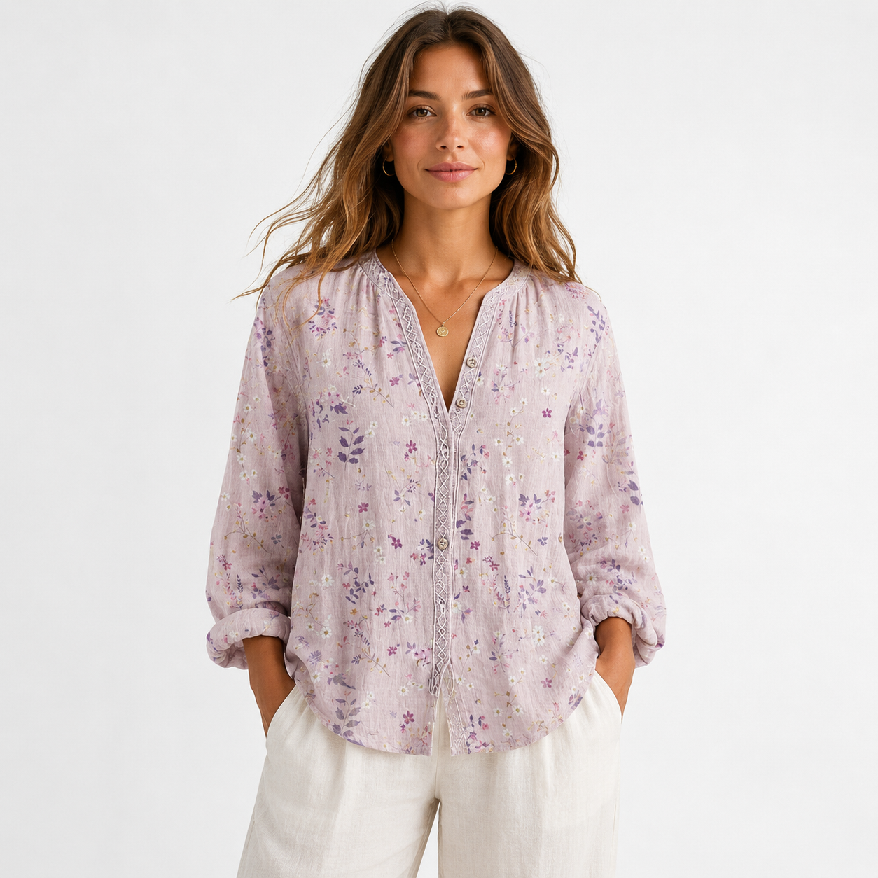 Montarello Women's Floral Print V-Neck Loose Shirt Long Sleeve