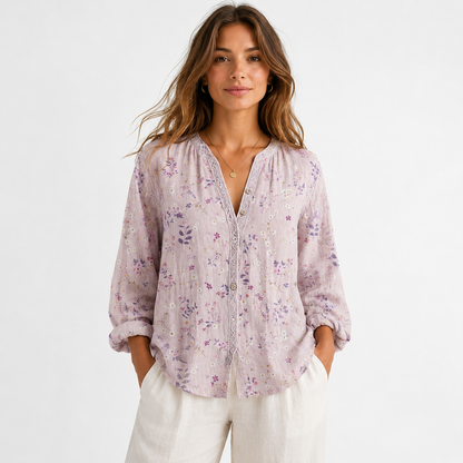 Montarello Women's Floral Print V-Neck Loose Shirt Long Sleeve