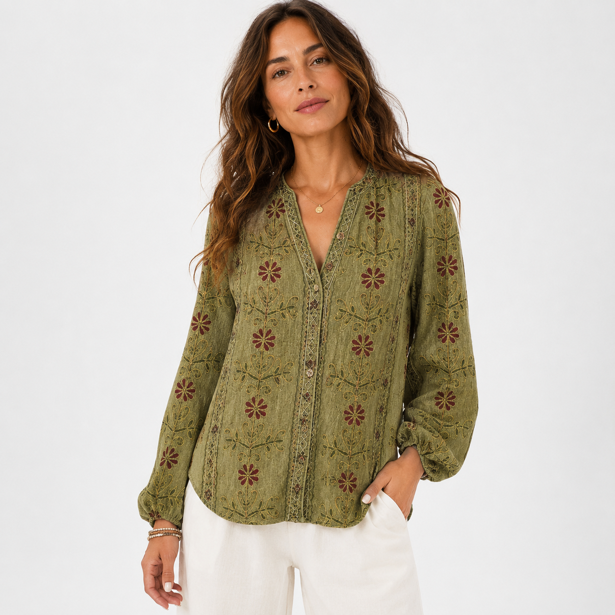 Montarello Women's Floral Print V-Neck Loose Shirt Long Sleeve