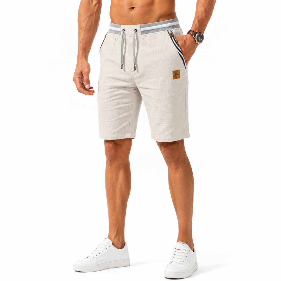 Montarello Men's Linen-Look Drawstring Beach Shorts with Pockets