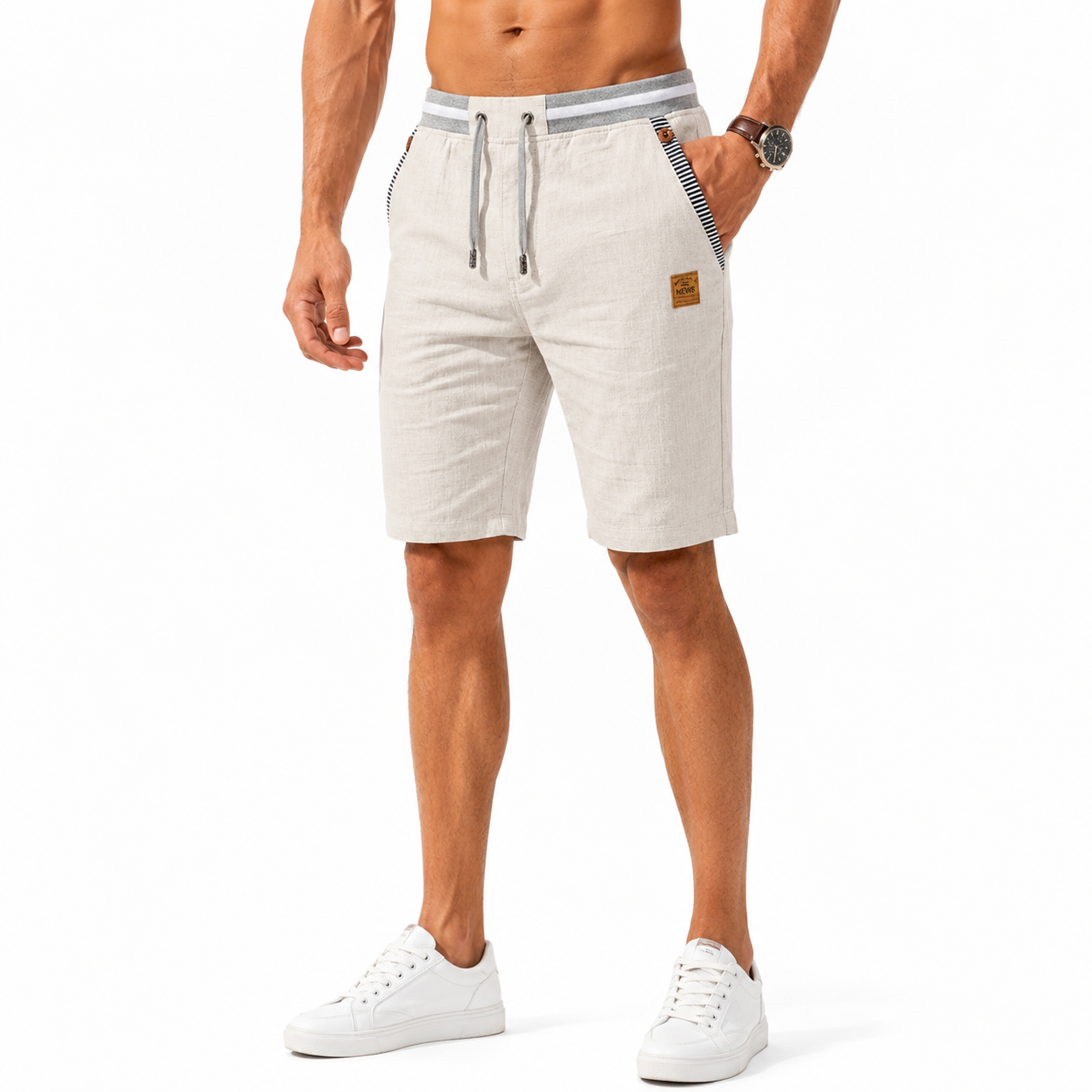 Montarello Men's Linen-Look Drawstring Beach Shorts with Pockets