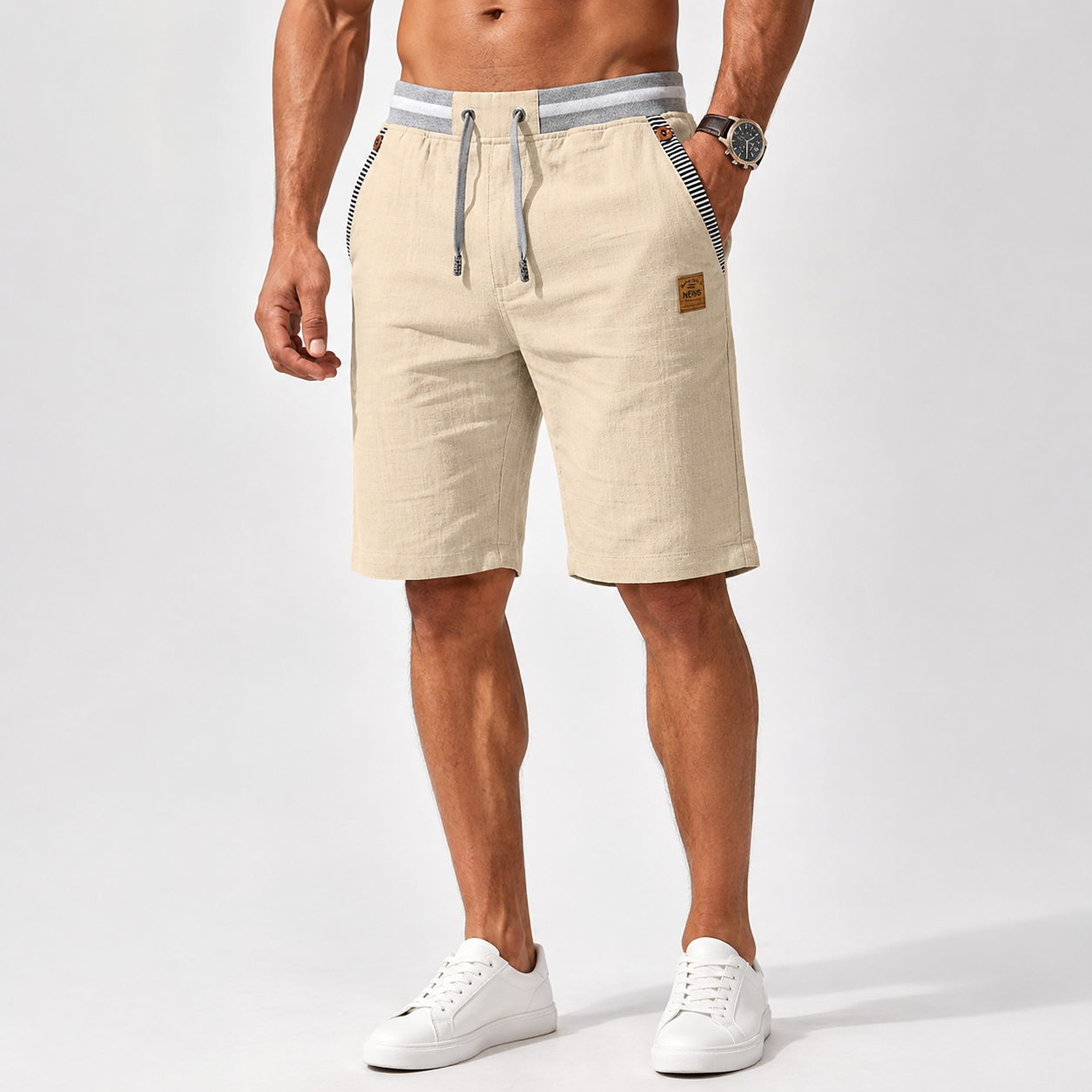 Montarello Men's Linen-Look Drawstring Beach Shorts with Pockets