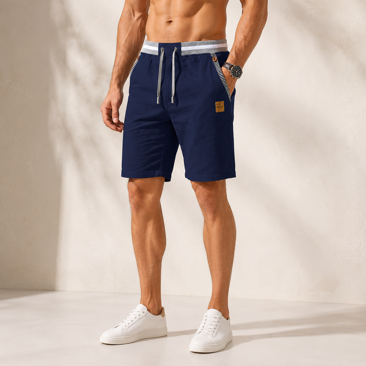 Montarello Men's Linen-Look Drawstring Beach Shorts with Pockets