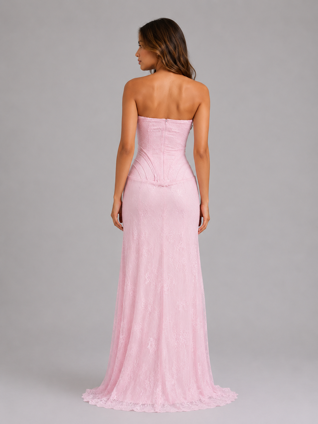 Montarello Women's Strapless Lace Wedding Guest Maxi Dress with Corset Bodice
