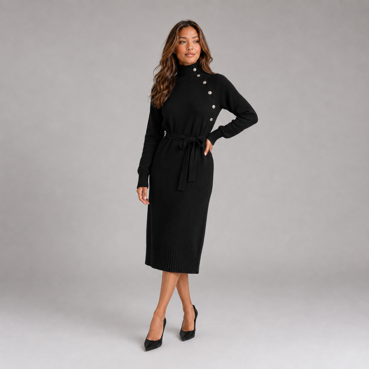 Montarello Women's Jumper Dress Roll Neck Belted Midi