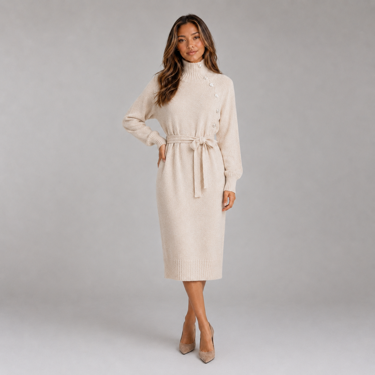 Montarello Women's Jumper Dress Roll Neck Belted Midi