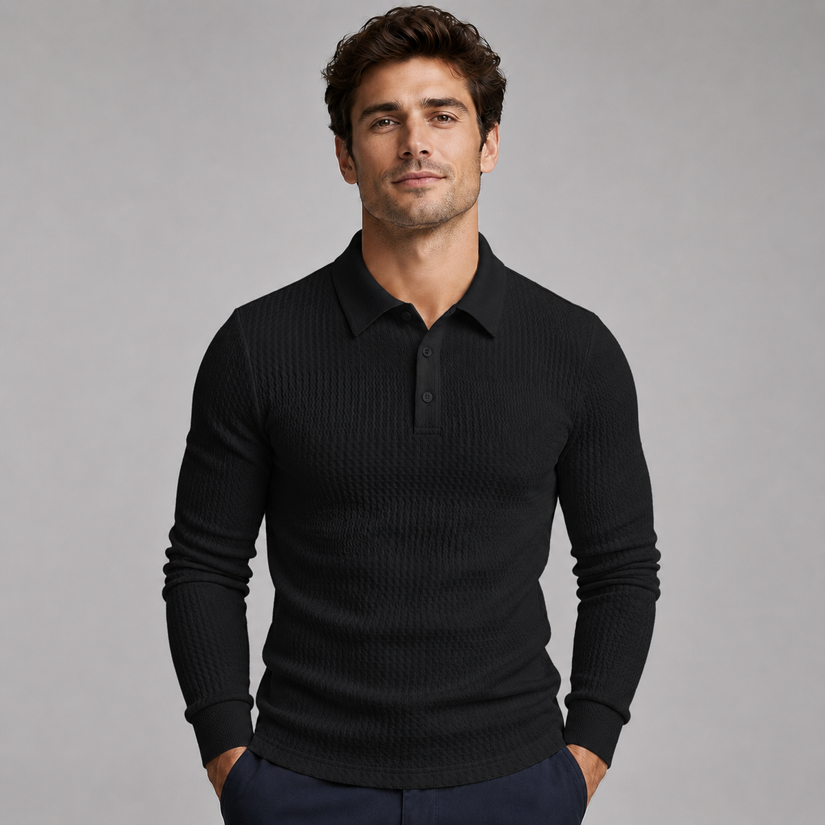 Montarello Men's Ribbed Polo Sweater with Long Sleeves