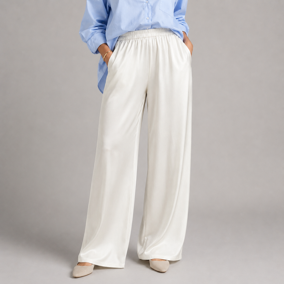 Montarello Women's Satin-Look Wide Leg Trousers with High Waist
