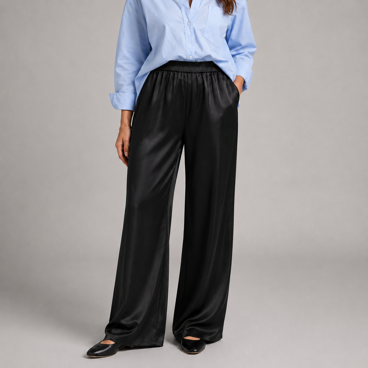 Montarello Women's Satin-Look Wide Leg Trousers with High Waist