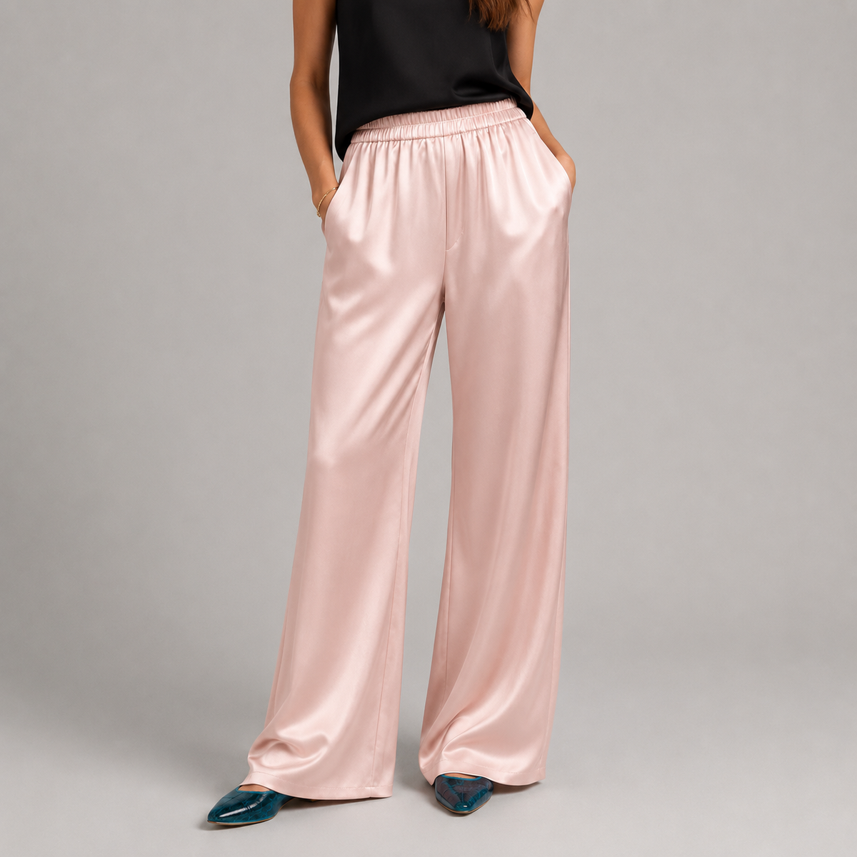 Montarello Women's Satin-Look Wide Leg Trousers with High Waist
