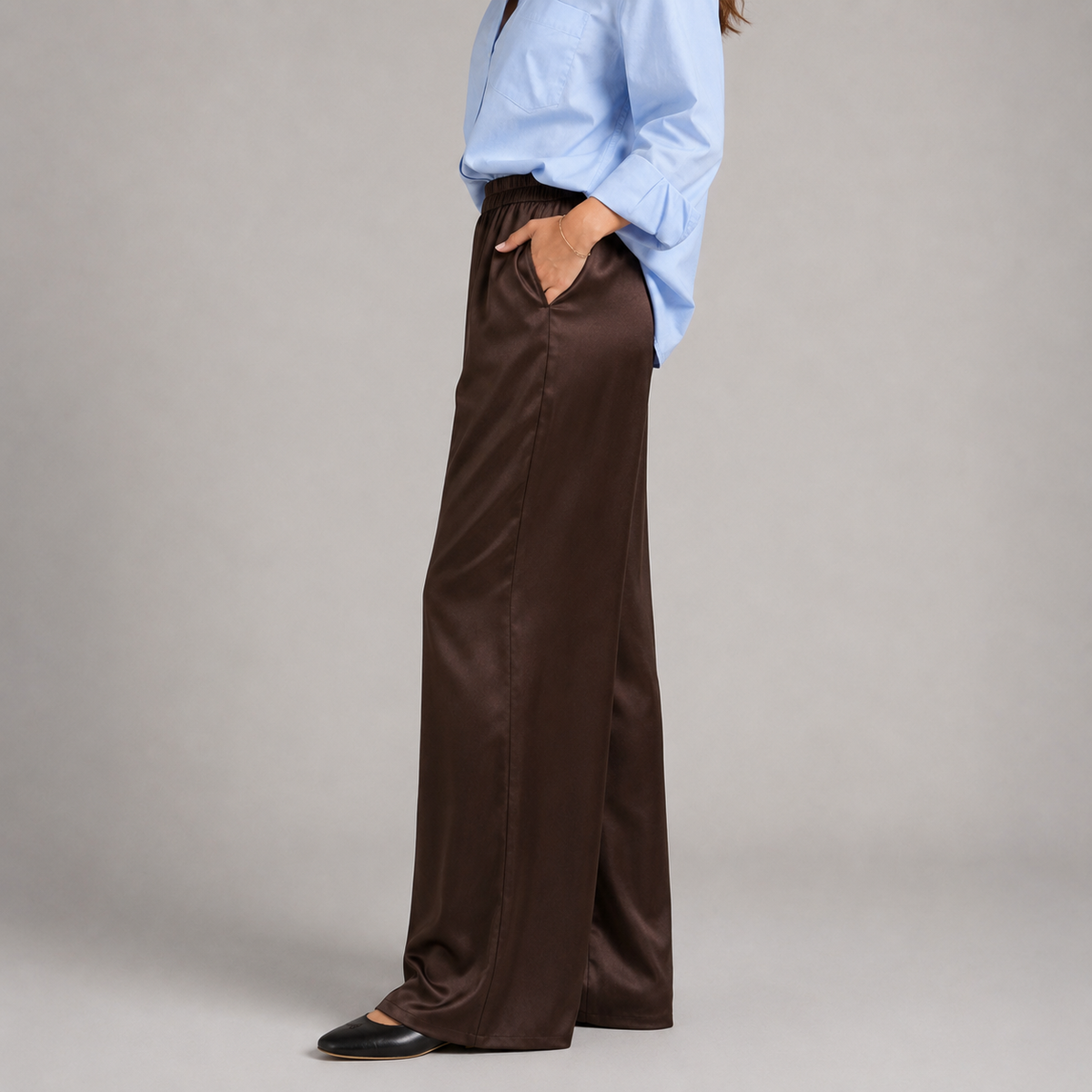 Montarello Women's Satin-Look Wide Leg Trousers with High Waist