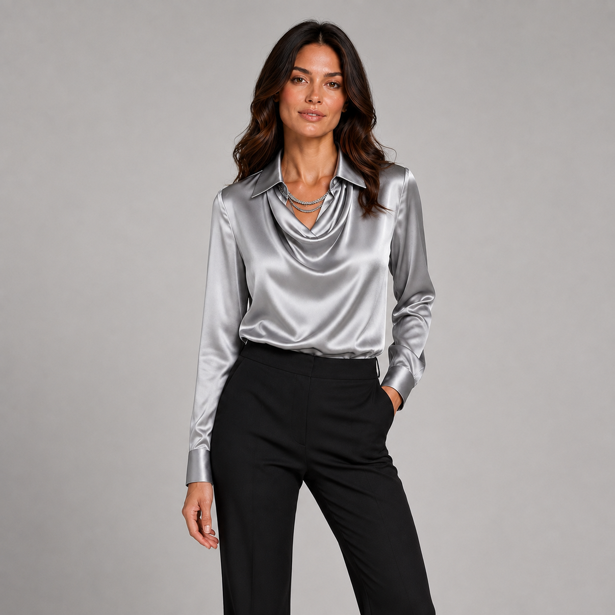 Montarello Women's Satin Blouse Draped Neck