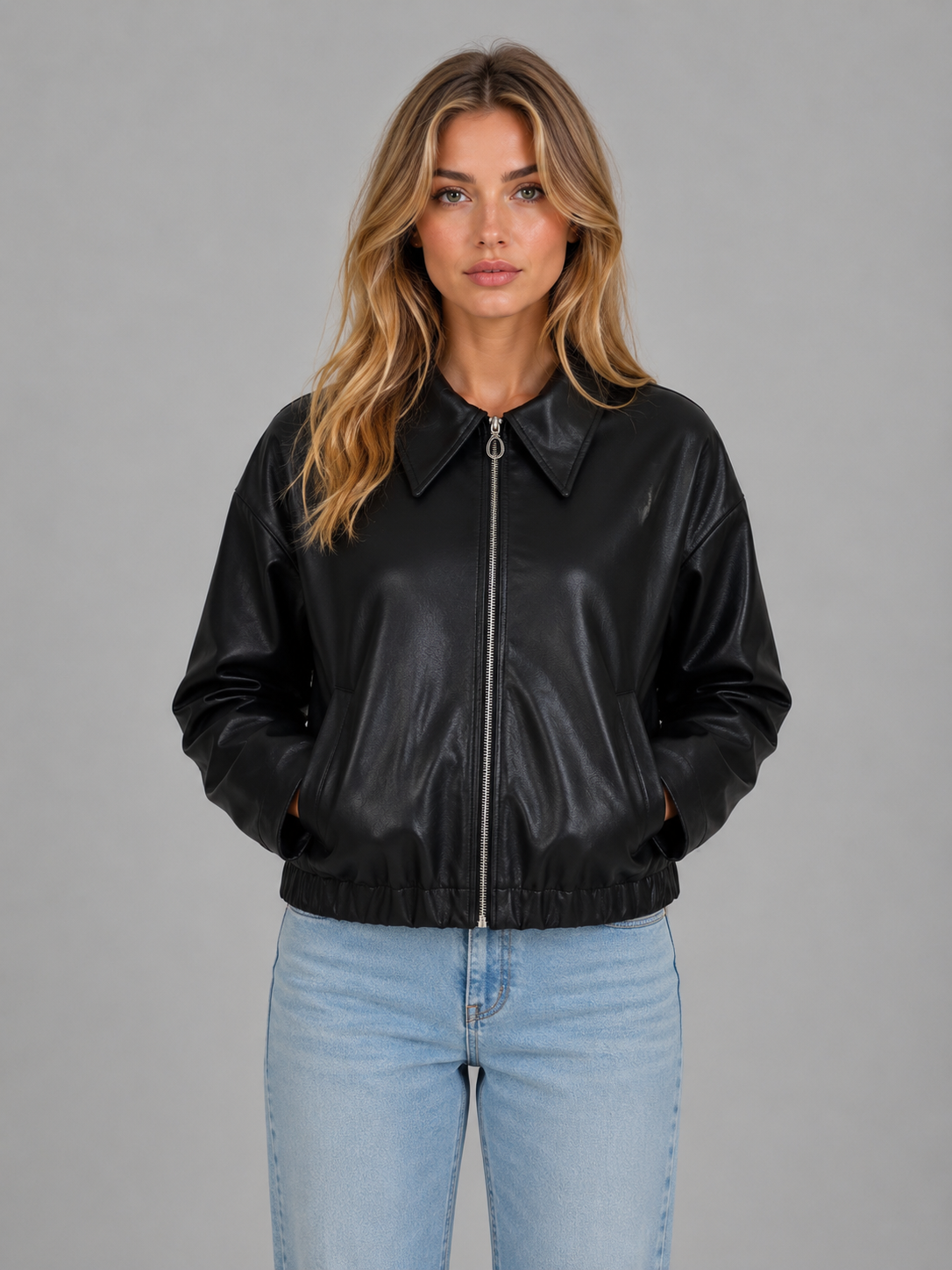 Montarello Women's Leather-Look Cropped Zip Jacket