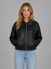 Montarello Women's Leather-Look Cropped Zip Jacket