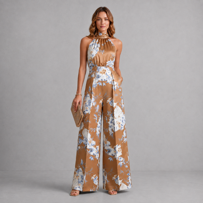 Montarello Women's Floral Halter Neck Wide-Leg Jumpsuit