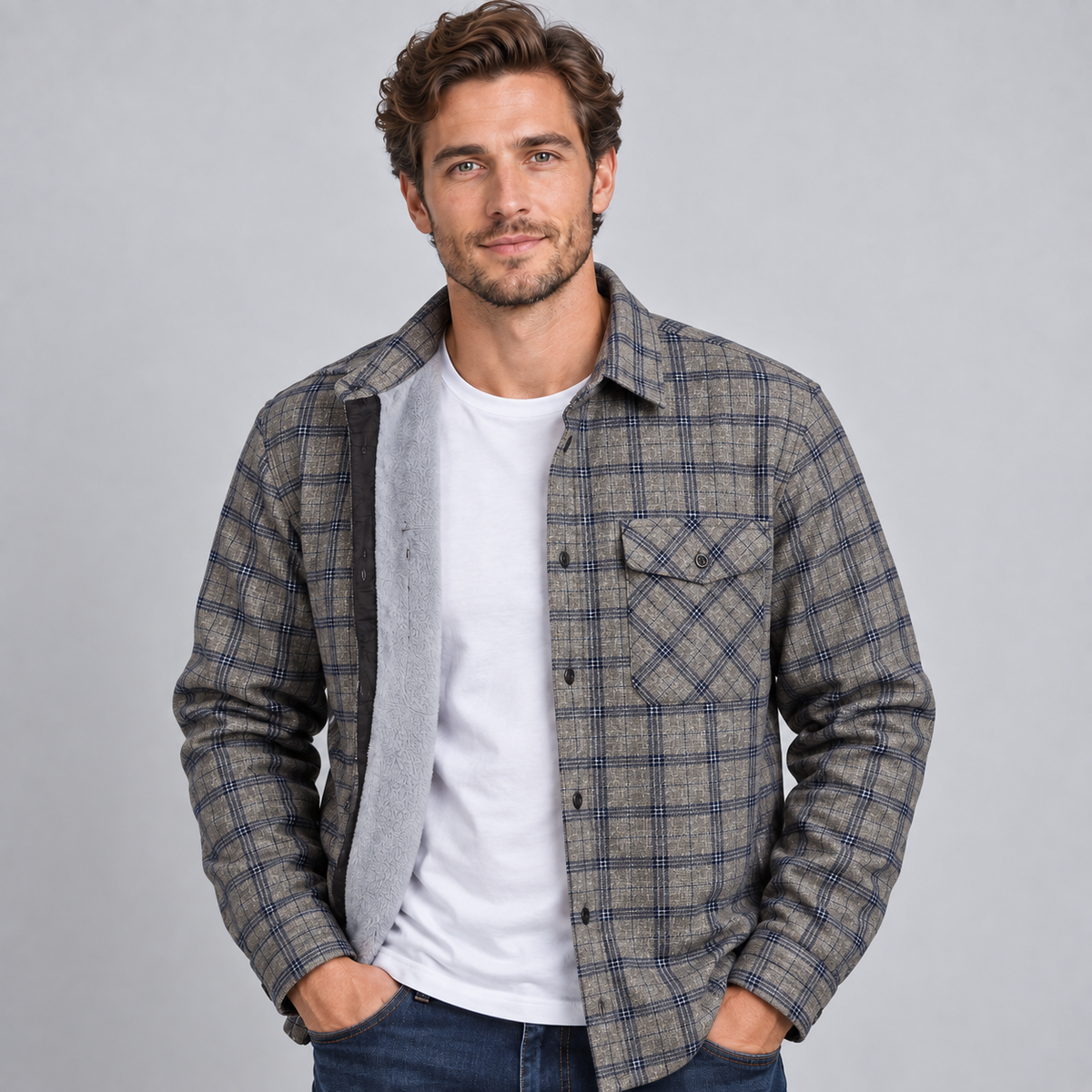 Montarello Men's Overshirt Check Fleece Lined Flannel