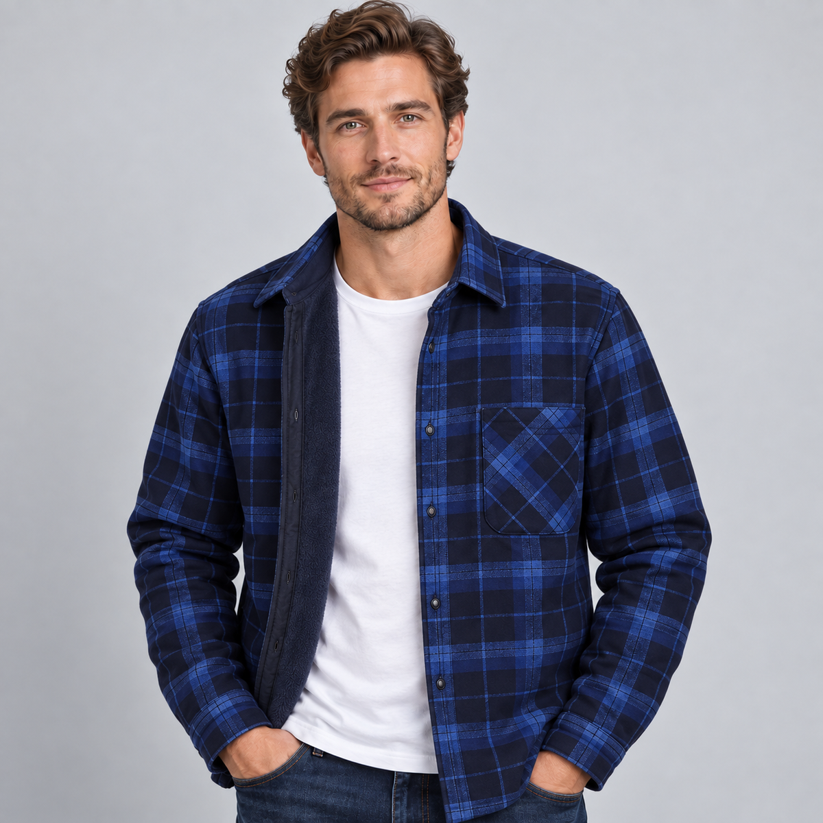 Montarello Men's Overshirt Check Fleece Lined Flannel