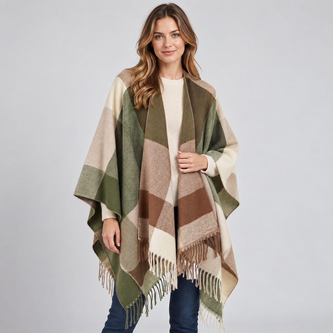Montarello Women's Colour Block Poncho with Fringed Hem