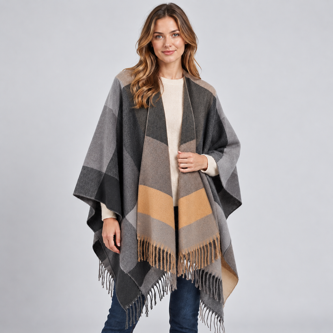 Montarello Women's Colour Block Poncho with Fringed Hem