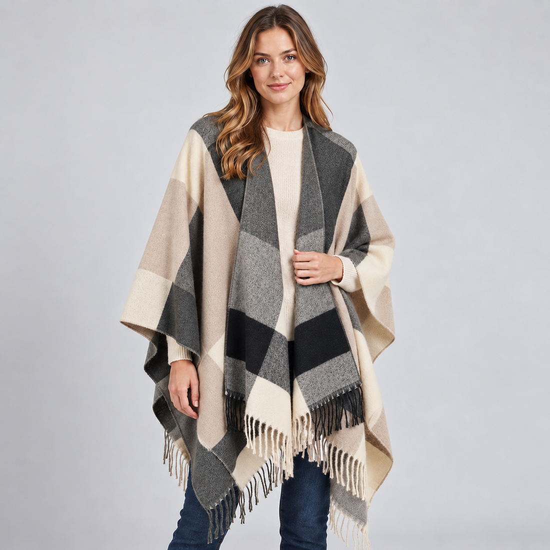 Montarello Women's Colour Block Poncho with Fringed Hem