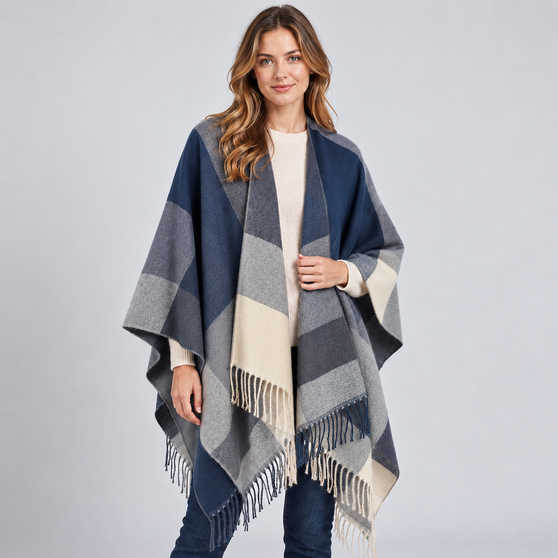 Montarello Women's Colour Block Poncho with Fringed Hem