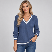 Montarello Women's Jumper V-Neck Contrast Trim Ribbed