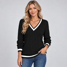Montarello Women's Jumper V-Neck Contrast Trim Ribbed