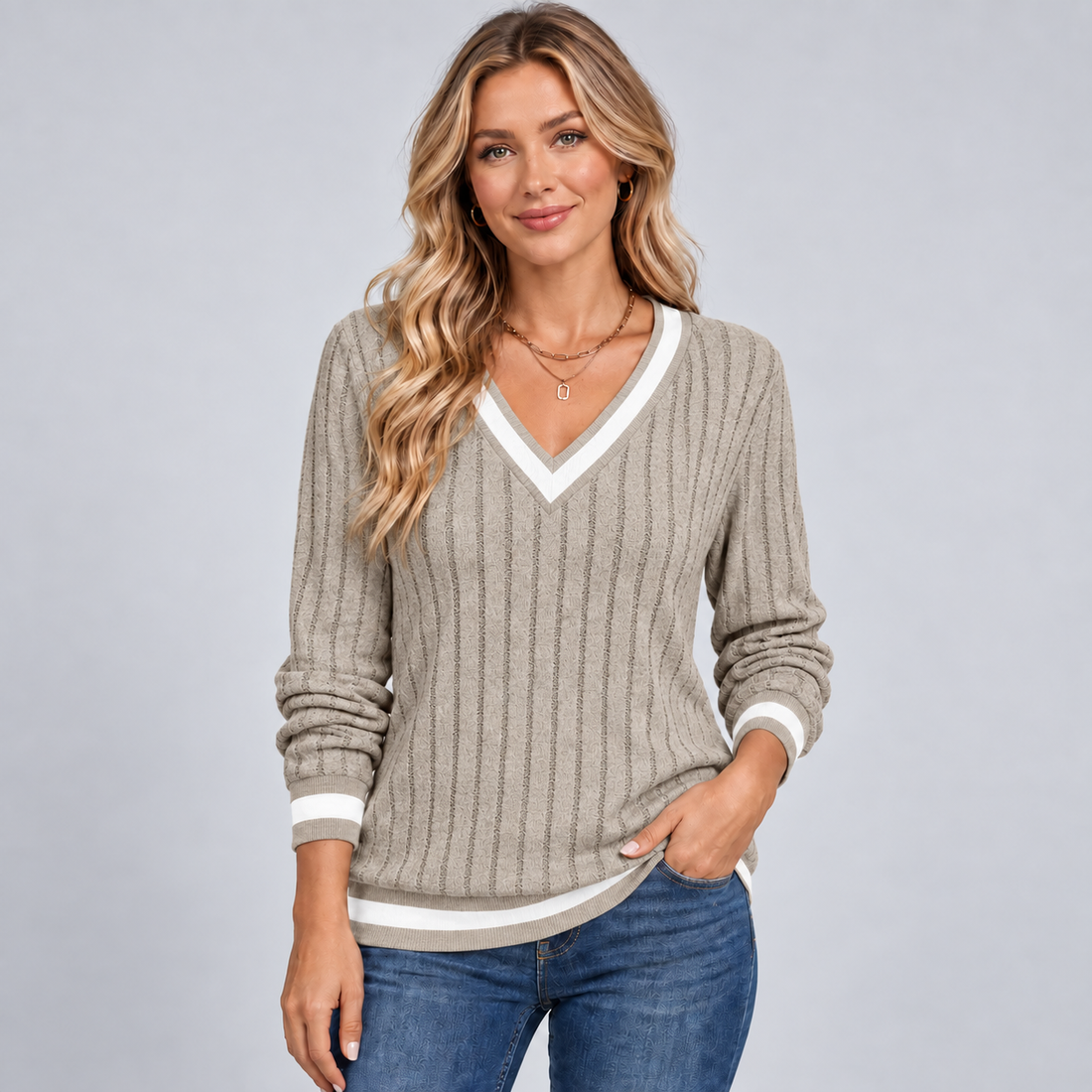 Montarello Women's Jumper V-Neck Contrast Trim Ribbed – corrected product details and colour
