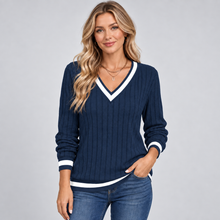Montarello Women's Jumper V-Neck Contrast Trim Ribbed