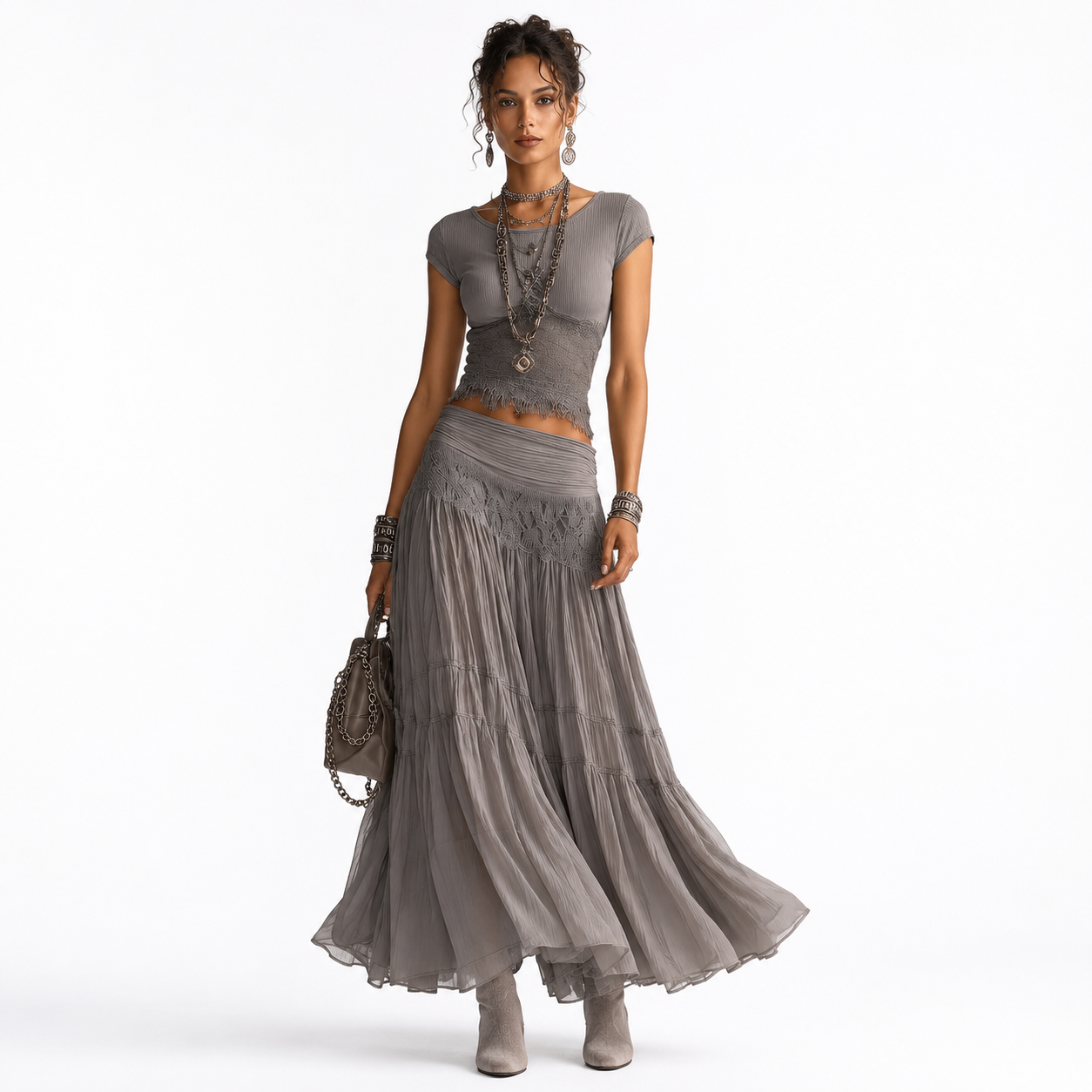 Montarello Women's Lace Panel Top and Pleated Maxi Skirt Co-Ord Set