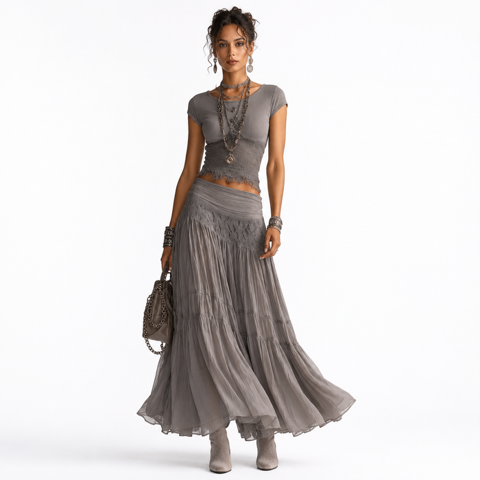 Montarello Women's Lace Panel Top and Pleated Maxi Skirt Co-Ord Set