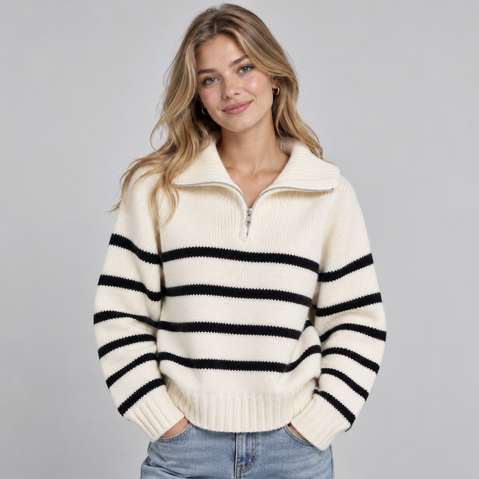 Montarello Women's Jumper Half Zip Striped Funnel Neck