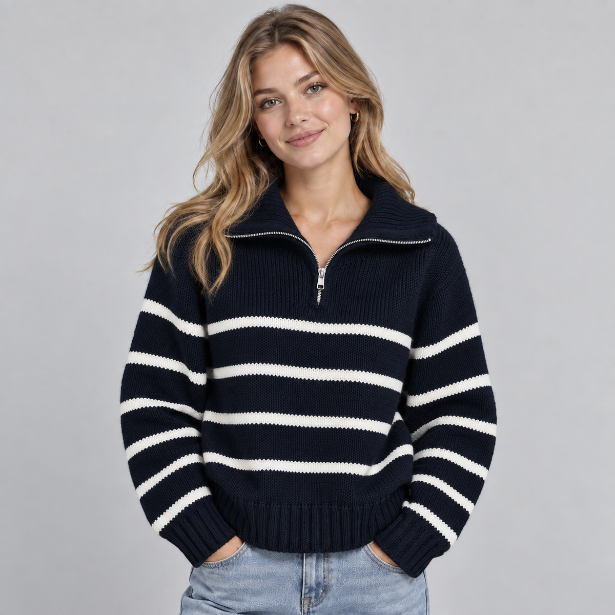 Montarello Women's Jumper Half Zip Striped Funnel Neck