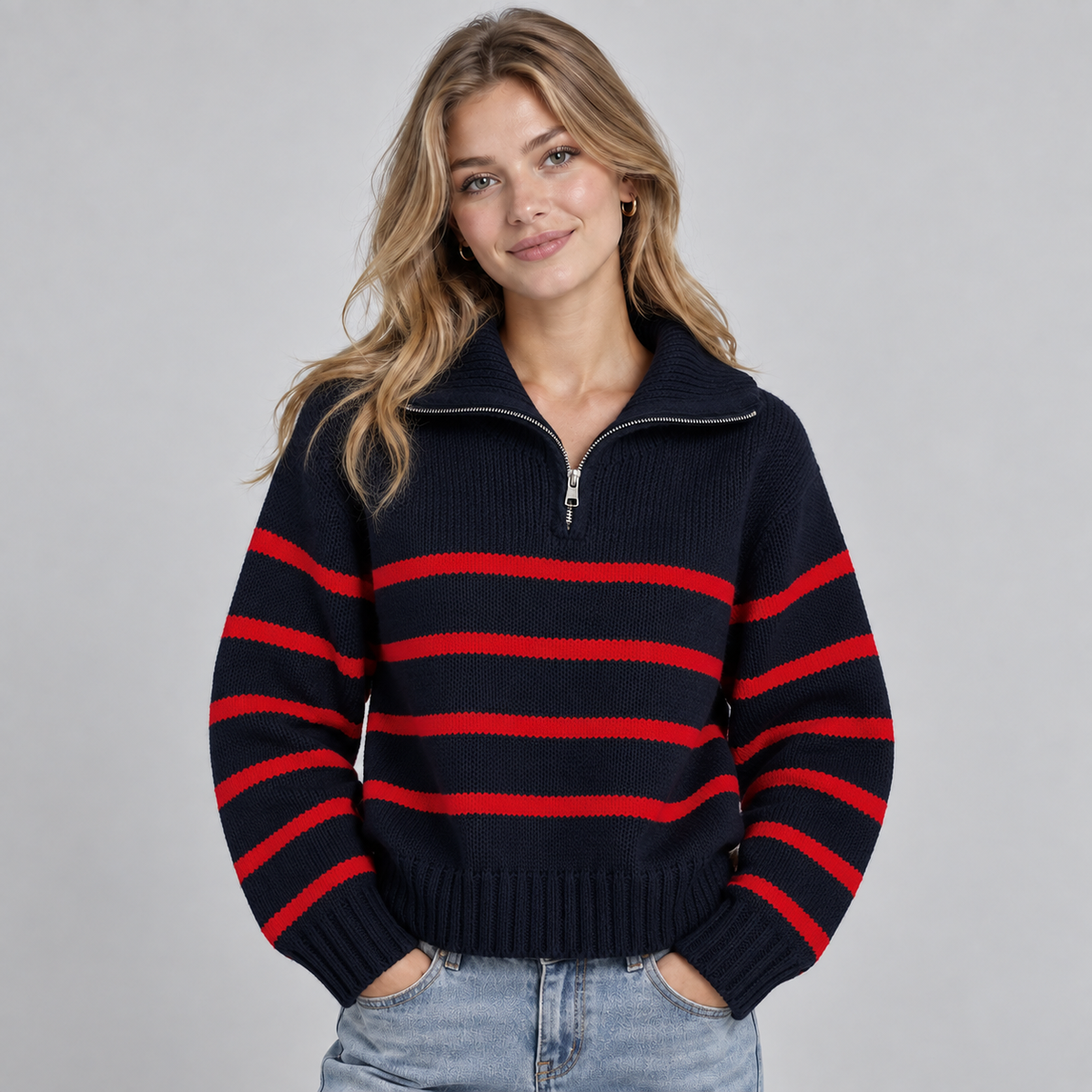 Montarello Women's Jumper Half Zip Striped Funnel Neck