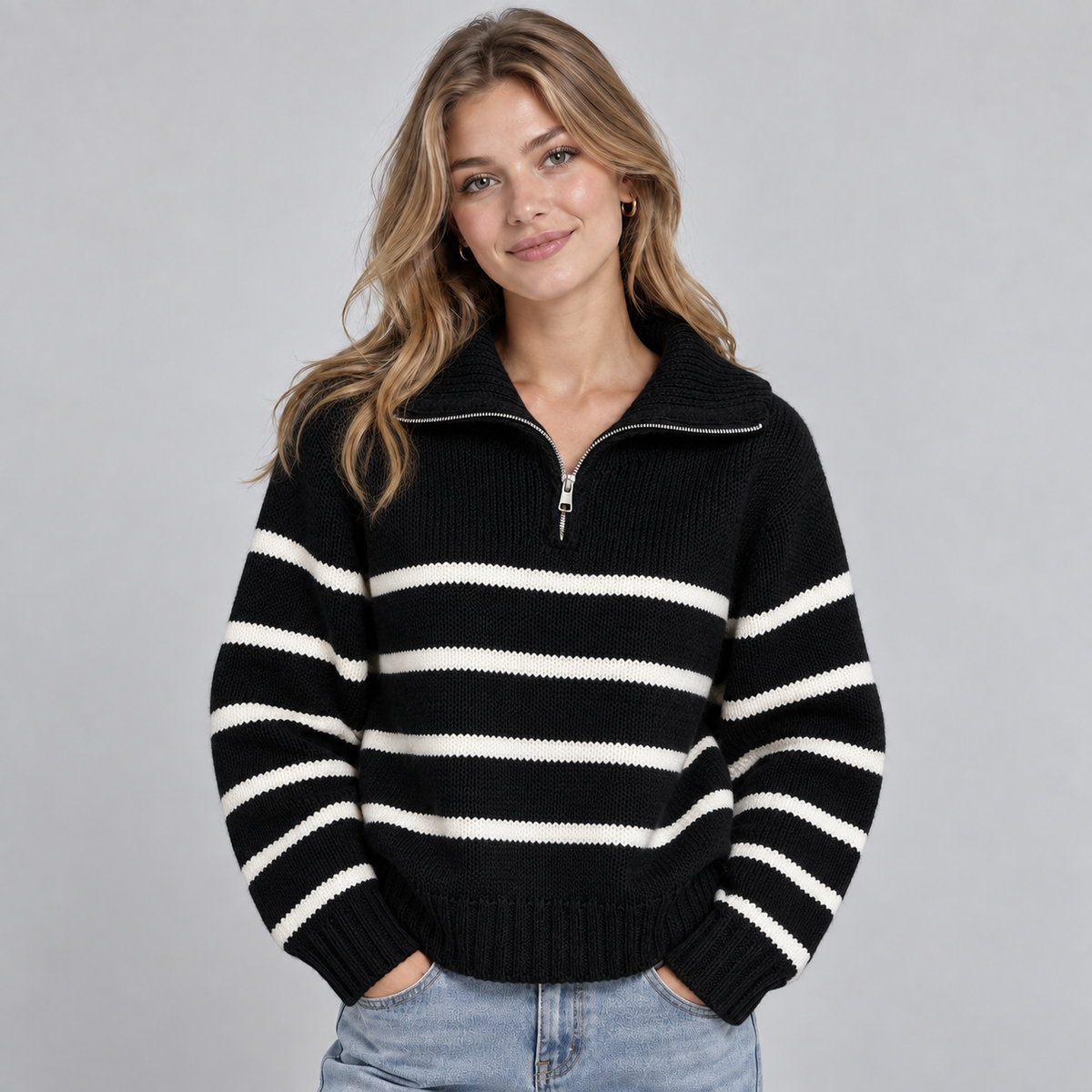 Montarello Women's Jumper Half Zip Striped Funnel Neck