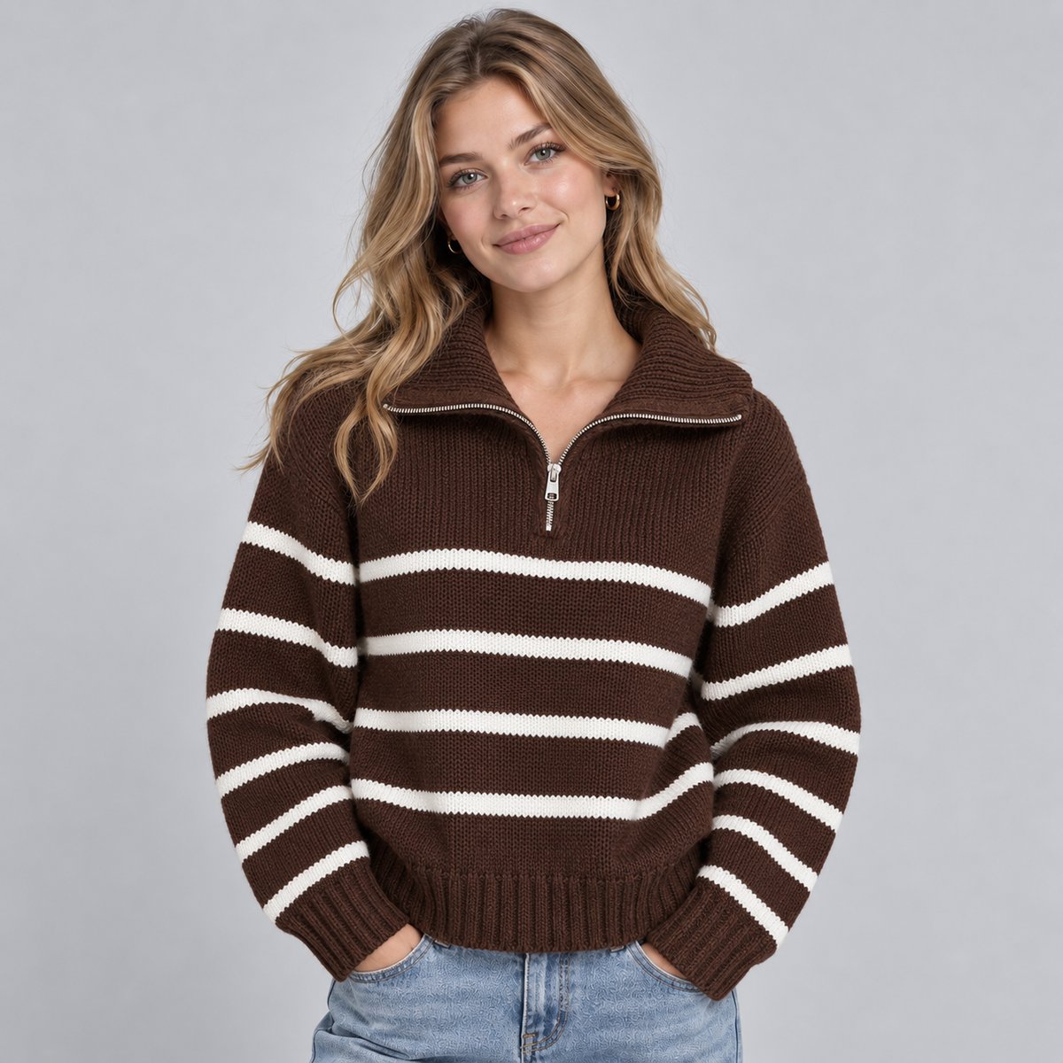 Montarello Women's Jumper Half Zip Striped Funnel Neck