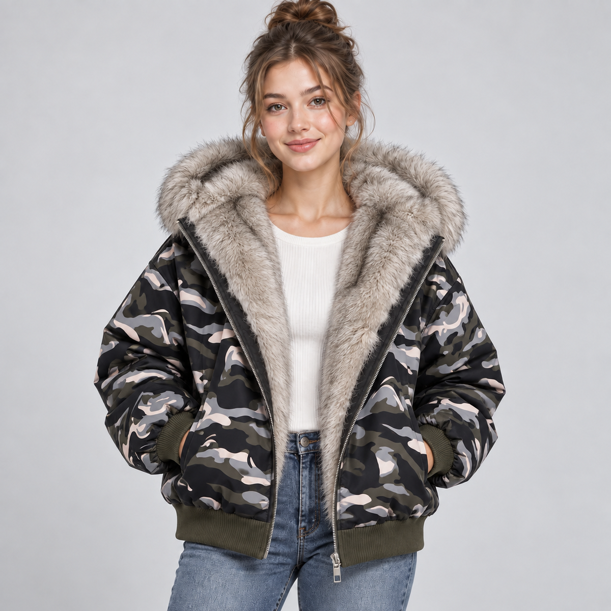 Montarello Women's Puffer Jacket Faux Fur Trim Hooded